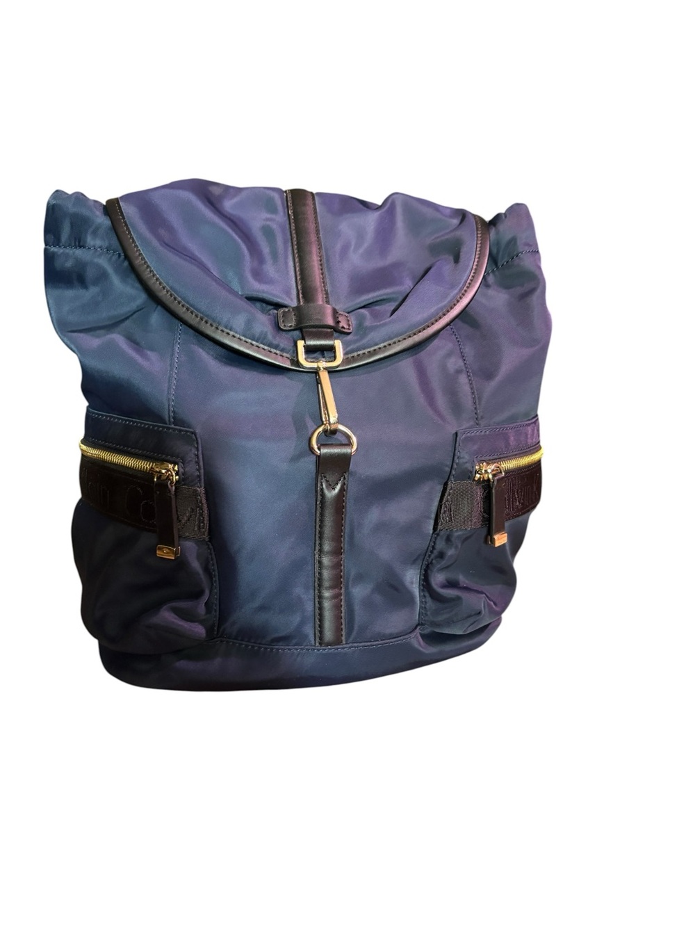 Calvin Klein Navy Nylon & Leather Trim Flap Backpack | Gold Hardware - Picture 2 of 8